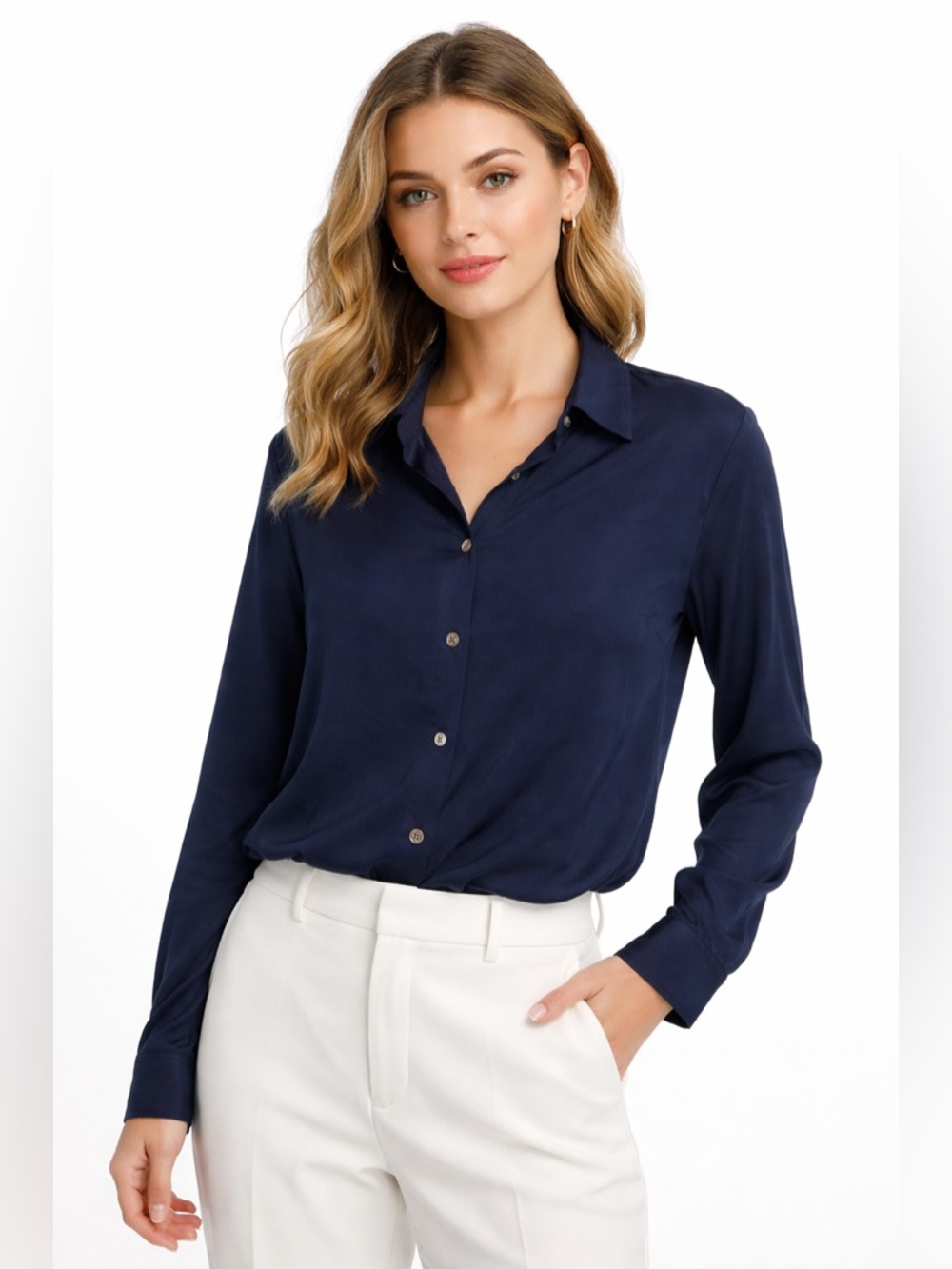 Lida Baday Long Sleeve Button Up Top in Navy Blue Size Large Silk-Blend